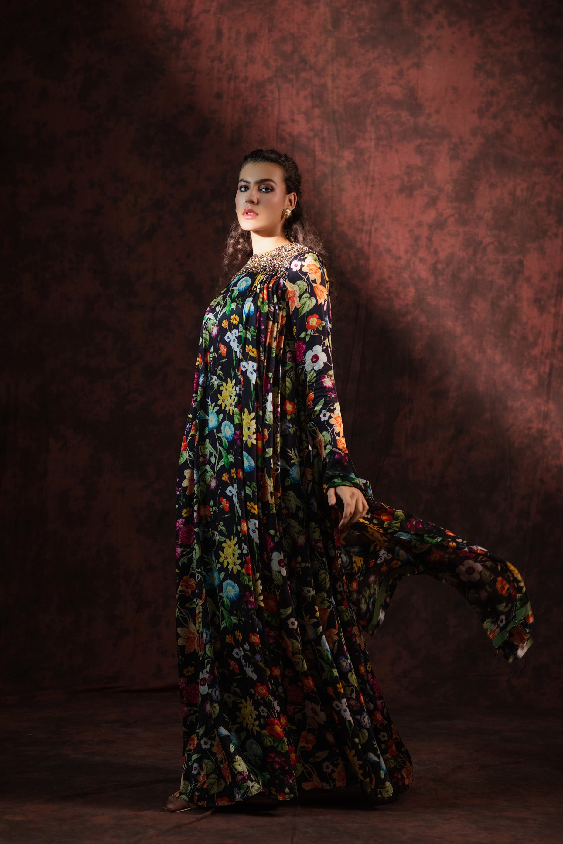 Noir Jardin Embroidered Gown