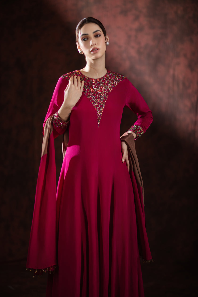 Ruby Riverie Embellished Cape Gown