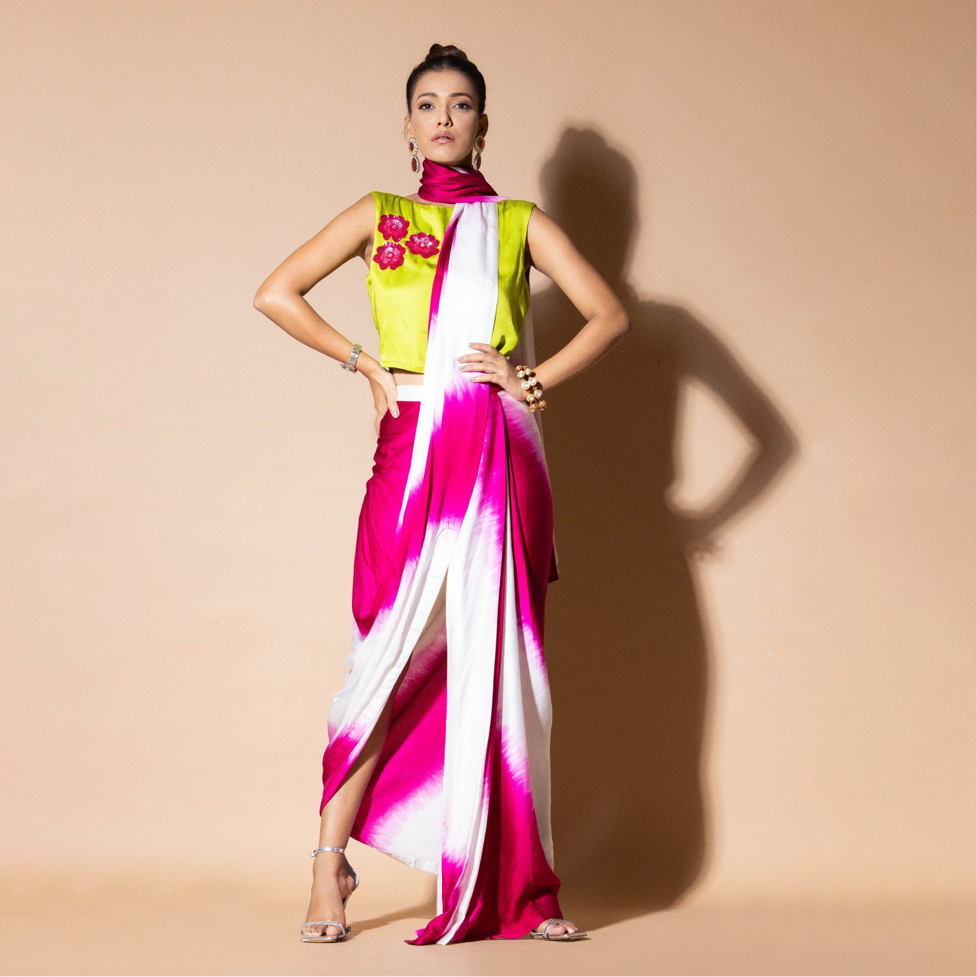 Lustrous Pre Draped Pink Saree With Crop Top
