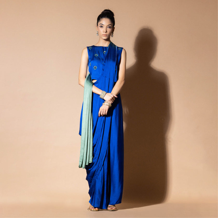 Celestial Blue And Green Ombre Draped Saree With Crop Top