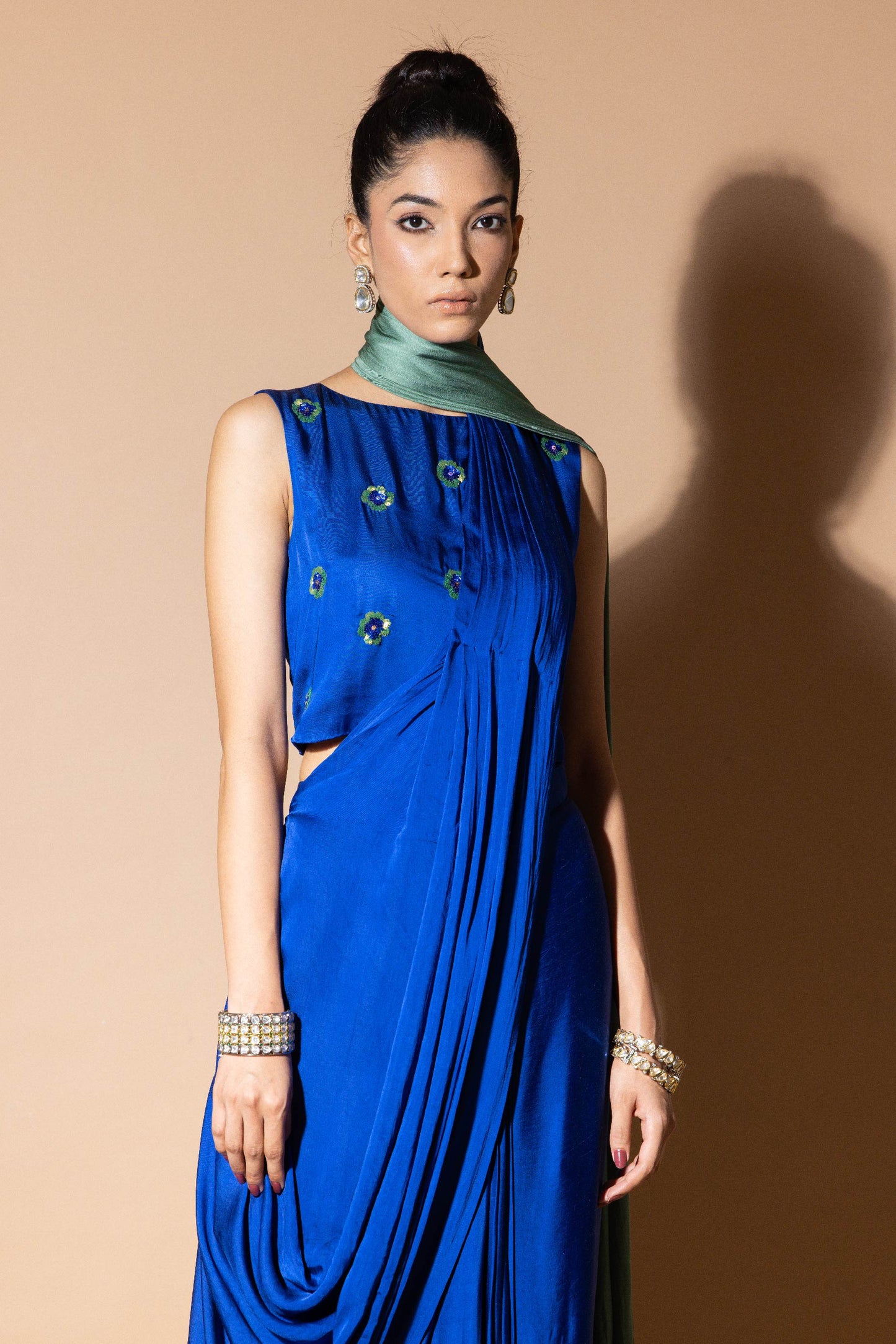 Celestial Blue And Green Ombre Draped Saree With Crop Top