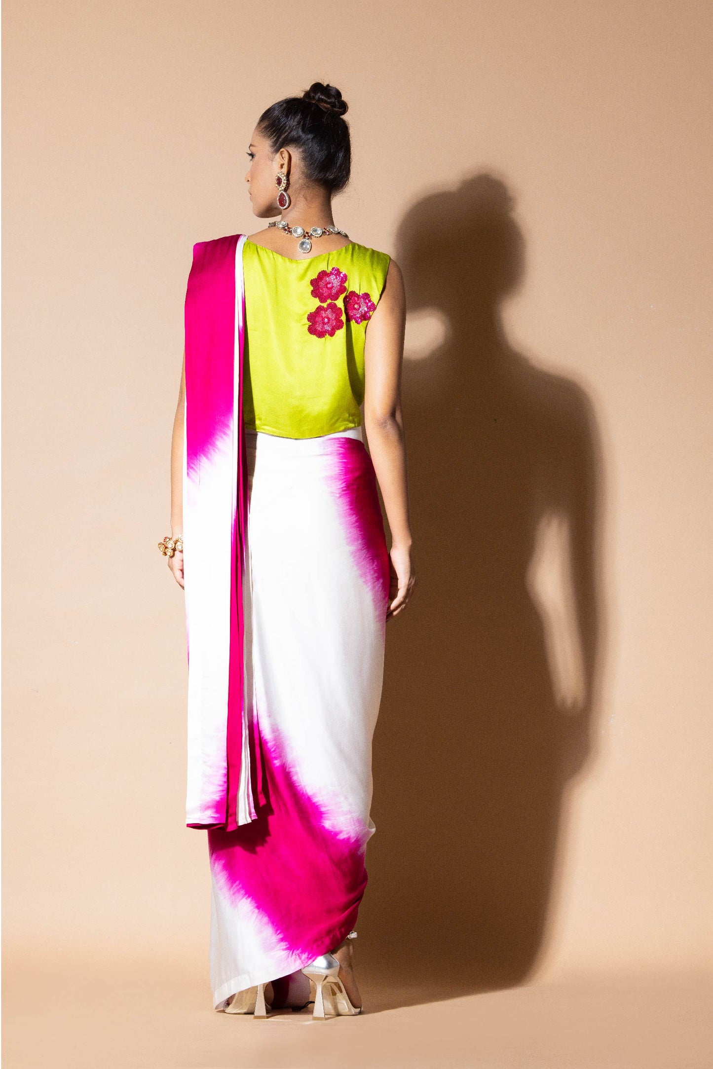 Lustrous Pre Draped Pink Saree With Crop Top