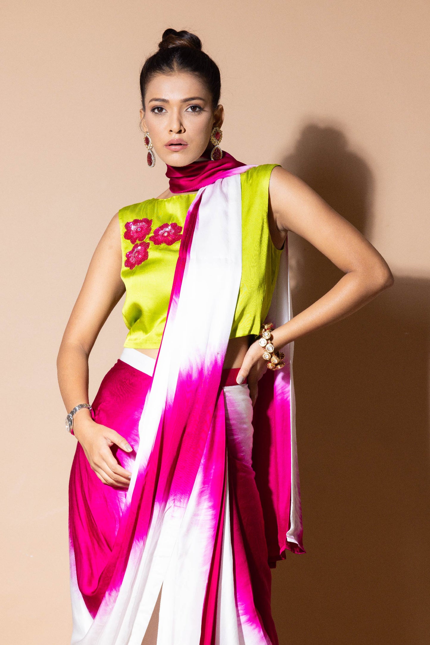 Lustrous Pre Draped Pink Saree With Crop Top