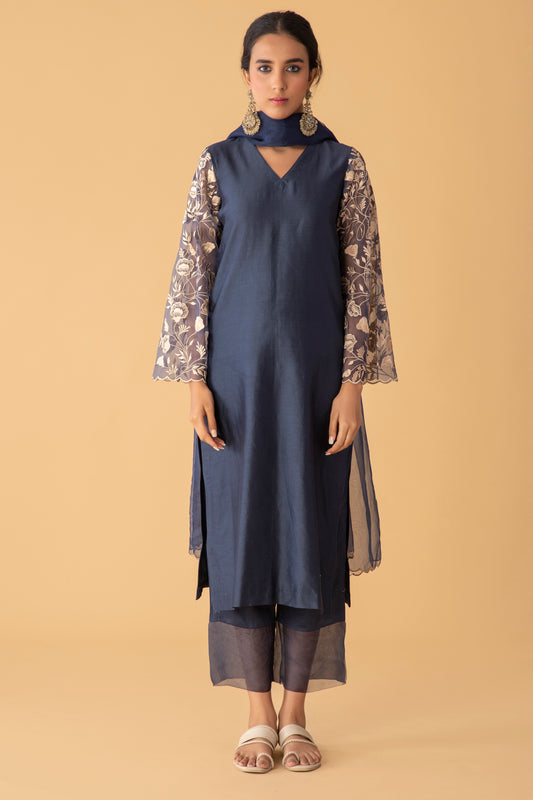 Airy Chanderi Oxford Blue Set